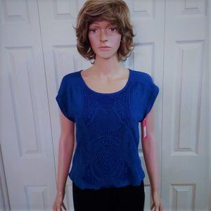 Xhilaration Royal Blue Embroidered Cap Sleeve Keyhole Neck Blouse Size SP NWT